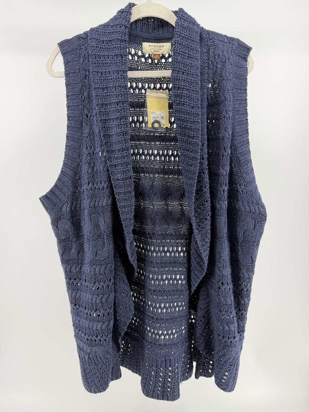 NWT Sonoma Sleeveless Open Knit Shawl Collar Cardigan Vest in Blue, Women's 1X
